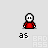 A red-shirted figure with a white skull face performs an animated sequence of actions including standing, turning, and emitting black splatter effects while the text 'as' appears below.