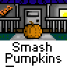 Animated contact sheet showing 22 sequential frames of a pixel art animation featuring yellow stick figures smashing pumpkins in a room with gray walls and blue trim, each frame labeled "Smash Pumpkins" below the action.