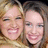 Two women smile side-by-side on a split background with bright pink and gray sections, text labels in pixelated font.