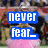 A pixelated image with blue text boxes reading 'never fear_', 'GAYMAN', and 'is here!' over a background featuring pink umbrellas.