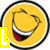 Four circular yellow icons with black outlines arranged in a , each showing a smiling face with closed eyes and a wide open mouth, some with text overlays and a red target symbol in the center
