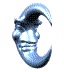 A blue crescent moon-shaped face with a smiling expression, displayed in multiple views showing different angles and rotations.
