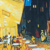 A static digital painting depicts a nighttime street scene with a brightly lit café on the left and dark buildings on the right, featuring tables, chairs, and figures in warm yellow and blue tones.