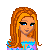 Pixel art of a female character with long orange hair wearing a blue-purple star-patterned top and denim shorts, shown in multiple views including full-body, torso-only, legs-only, head-only, and text.