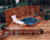 Three distinct hot tub scenes displayed in a : wooden deck with lounge chair, stone patio with bubbling water, and indoor room with floating tub and candles
