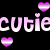 Pixelated buddy icon with pink and white text "CUTIECUTIE" surrounded by four heart symbols on a black background.
