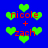 Blue background with green heart shapes and red text reading 'nicole + zach' in multiple positions.