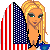 Pixel art animation featuring a blonde woman in patriotic swimwear against an American flag background with text "USA SURFER babe" below.