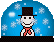 Pixelated snowman in top hat and red scarf inside blue snowglobe with falling white snowflakes.