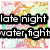 A four- shows beach scenes with text overlays: 'late night water fight', 'blue skies hot guys', a palm tree, and a surfer