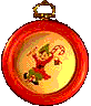 Six circular red-framed icons with golden loops, each containing a pixelated elf holding candy canes in various poses against yellow backgrounds.