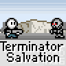 Animated contact sheet showing 22 sequential frames of a pixel art character interacting with rocky terrain and fire effects, labeled "Terminator Salvation" beneath each frame.