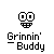 Pixelated black-and-white icon shows a smiling face with large eyes and a wide grin above text reading 'Grinnin' Buddy' on a gray background.