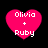 Four pink heart-shaped icons with white text "Olivia + Ruby" arranged in a on a black background
