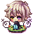 Pixel art character with light brown hair and purple eyes, seated on a green base with blue accents, holding a black object near the face.