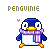 Pixel art penguin mascot with purple scarf and yellow beak in three animated frames showing heart variations above its head.