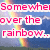 Pixelated text in pink with white outline over a blue sky background featuring a rainbow and clouds.