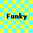 Four identical 'Funky' text icons arranged in a on a yellow and cyan checkered background with subtle light blue crosshair lines