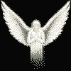 Four pixelated angel figures with outstretched wings on black background, each in distinct pose variations.