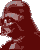 Three pixelated profile views of a helmeted figure with long flowing hair, displayed in red, black-and-white, and green color schemes against gray backgrounds.
