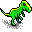 Three pixelated dinosaur icons in green, cyan, and yellow with white accents on a gray background.