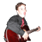 Pixelated image of a person playing a red electric guitar with a gray jacket and red tie, surrounded by green text on black and gray backgrounds.