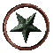A green five-pointed star inside a brown circular ring, shown in multiple animated states with varying ring positions and orientations.