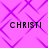 Pixelated text 'CHRISTI' repeated four times on a pink background with purple geometric patterns.