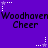 Purple background with repeated 'Woodhaven Cheer' text and star-shaped icons in white and purple, showing animation changes in star positions.