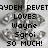 Pixelated static image with black text on a gray background featuring names and 'so much!' expression.