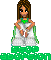 Pixel art of a female character with brown hair in a green top and white skirt, hands clasped, standing above green text reading 'STOP ABORTION' on gray background.