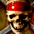 Static pixelated image of a pirate skeleton wearing a red bandana with white dot, holding crossed swords against dark background.