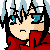 A 4x4 contact sheet of pixel art frames showing a chibi-style character with silver hair and blue eyes in various expressions, wearing a red jacket against a gray background.