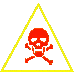 Red skull and crossbones icon inside yellow triangle with animated variations of the figure's pose.