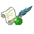 Pixelated icon of a scroll with blue feather quill and green inkwell, showing sequential text changes on the scroll.