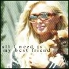 A static image of a person with long blonde hair and glasses, wearing a striped top, with text overlay reading 'all I need is my best friend'.