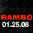 A 48x48 pixel animated buddy icon featuring the text "RAMBO" in red and "01.25.08" in white on a black background, displayed across three sampled frames of an animation contact sheet with gray transparency backgrounds.