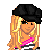 Pixel art character with blonde hair, black beret, striped crop top, pink skirt, and belly button piercing, alongside text boxes and a red heart.