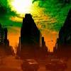 Pixelated static image of a dark silhouette structure against a vibrant green and orange gradient background with blurred vertical elements on both sides.