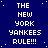 Blue background with white pixelated text repeating 'THE NEW YORK YANKEES RULE!!!' in a pattern, scattered small white dots resembling stars