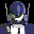 A 4-frame pixel art animation of a blue-haired robot character with green eyes and silver armor, displayed in a 2x2 contact sheet format on black background.