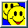 A 4x3 contact sheet of 10 animated frames showing a yellow smiley face icon with blue background and black-and-red facial features, arranged left-to-right top-to-bottom.