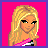 Pixelated image of a blonde woman with green eyes wearing a pink and black striped top against a bright pink background.