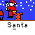 Pixelated Santa Claus in red suit with white trim, yellow belt, and black boots stands on orange chimney against blue background with falling snow; text "Santa" below.
