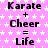 A static image with a pink background pattern of white stars, displaying repeated text 'Karate + Cheer = Life' in black pixelated font.