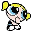 Pixelated cartoon character with yellow pigtails, large blue eyes, and a black-and-white outfit in two mirrored poses against gray background.