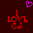 A dark red background features a pink pixelated heart above two identical red pixelated text blocks reading "I LOVE CJ.".
