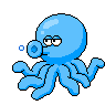 Blue octopus with round head and eight tentacles, holding a bubble ring, surrounded by floating bubbles on gray background.