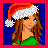 Pixel art contact sheet with four quadrants showing a Santa hat-wearing character and text fragments on green backgrounds, framed by red border.