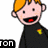 Pixelated cartoon character with orange hair, black shirt, and yellow emblem on chest; mouth open in a wide smile showing red tongue.